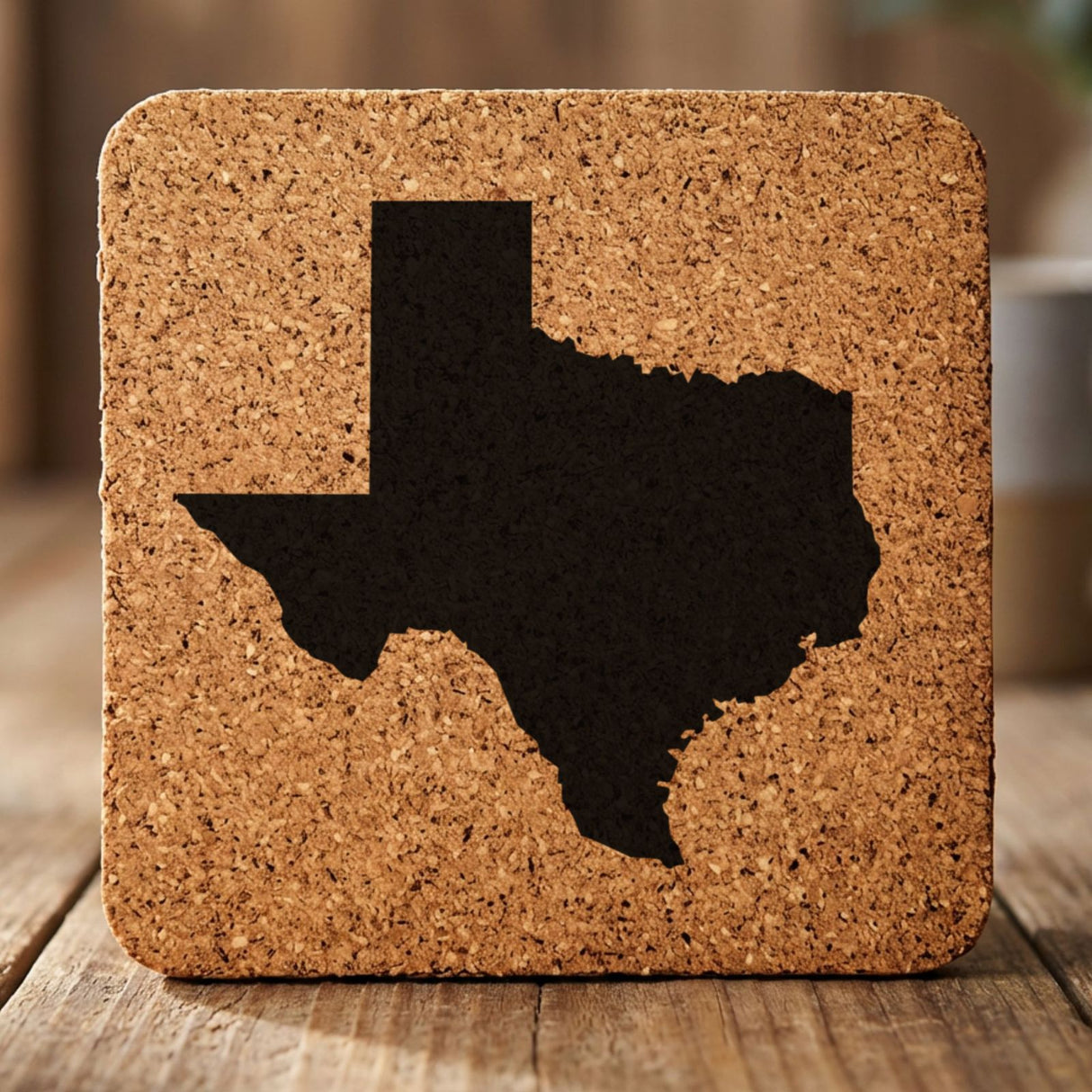 Texas square cork coaster with the full state shape engraved