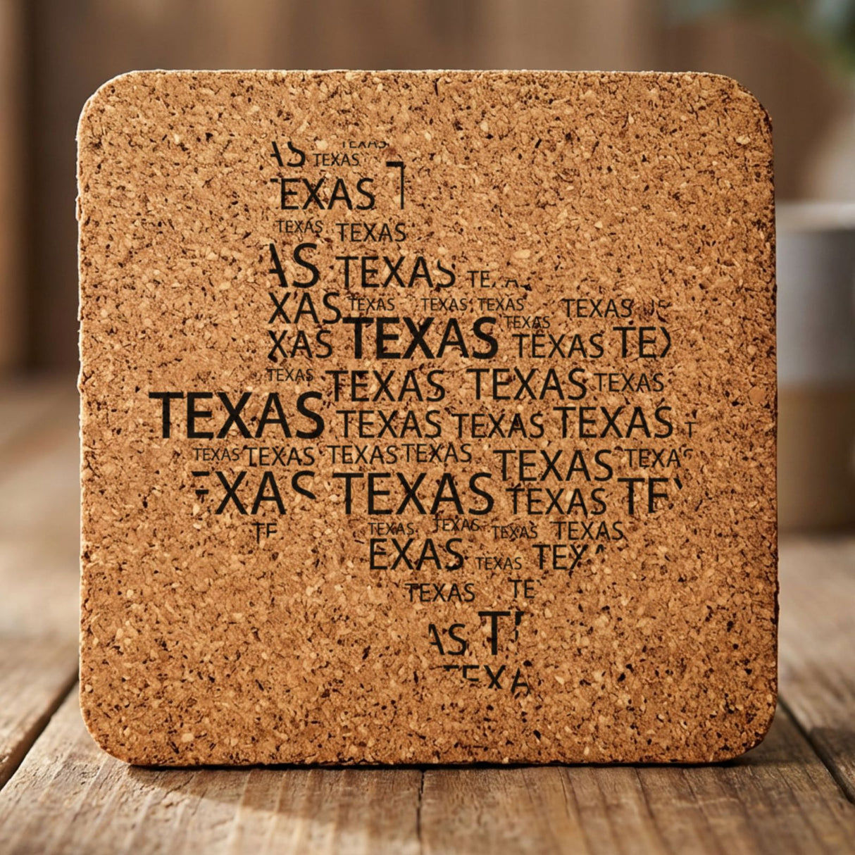 Texas square cork coaster engraved with a word cloud of repeating Texas text