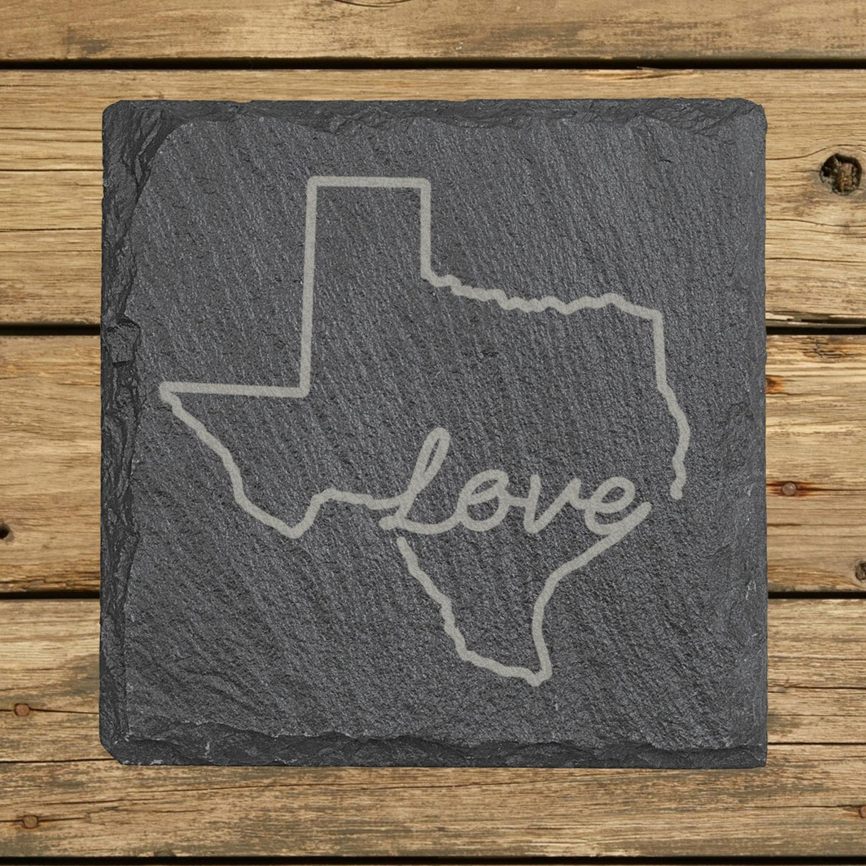 Texas square slate coaster engraved with a hand-drawn state outline and love in cursive