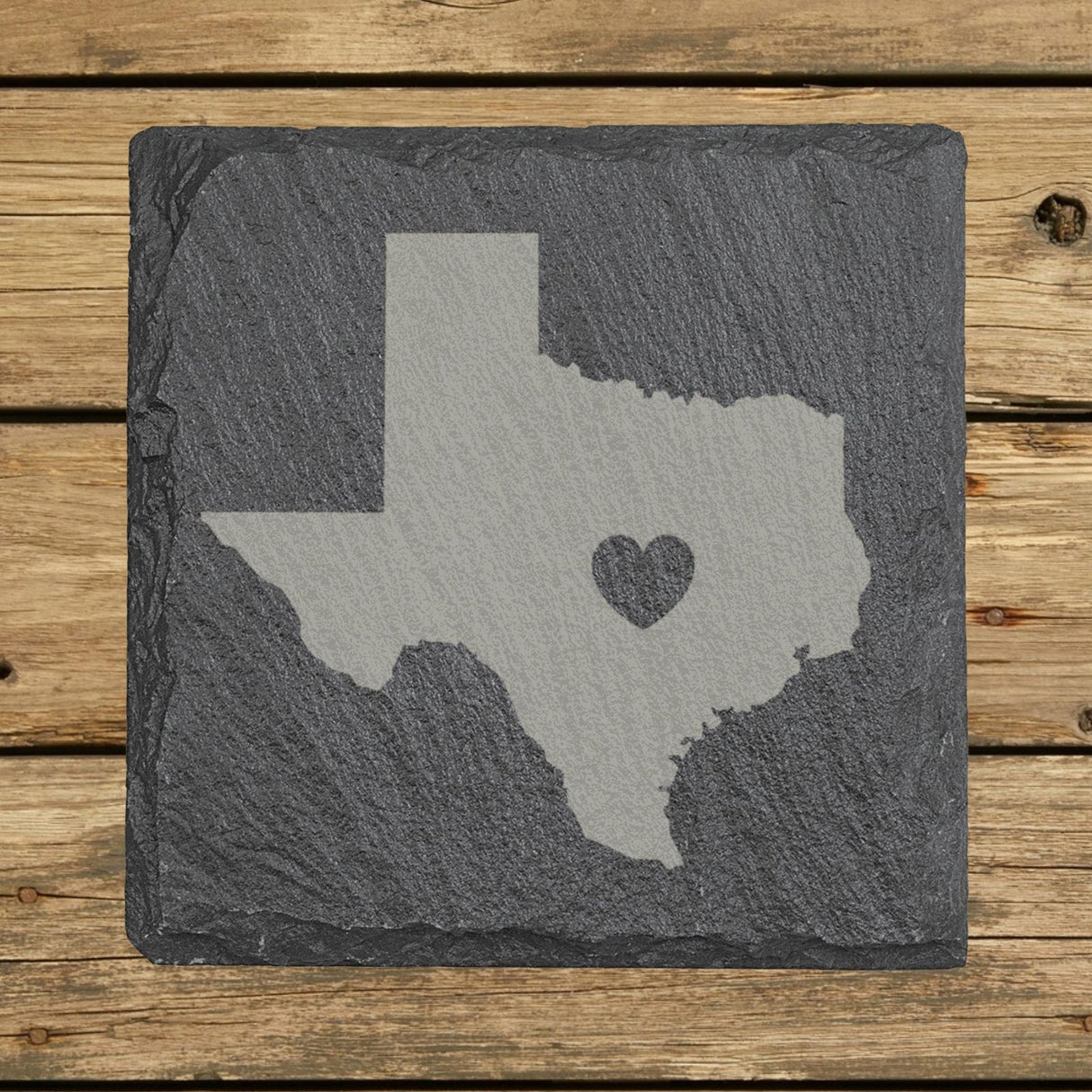 Texas square slate coaster engraved with the state shape and a heart