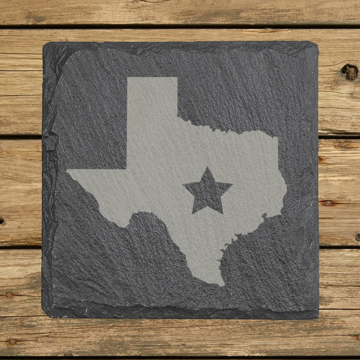 Texas square slate coaster engraved with the state shape and a star