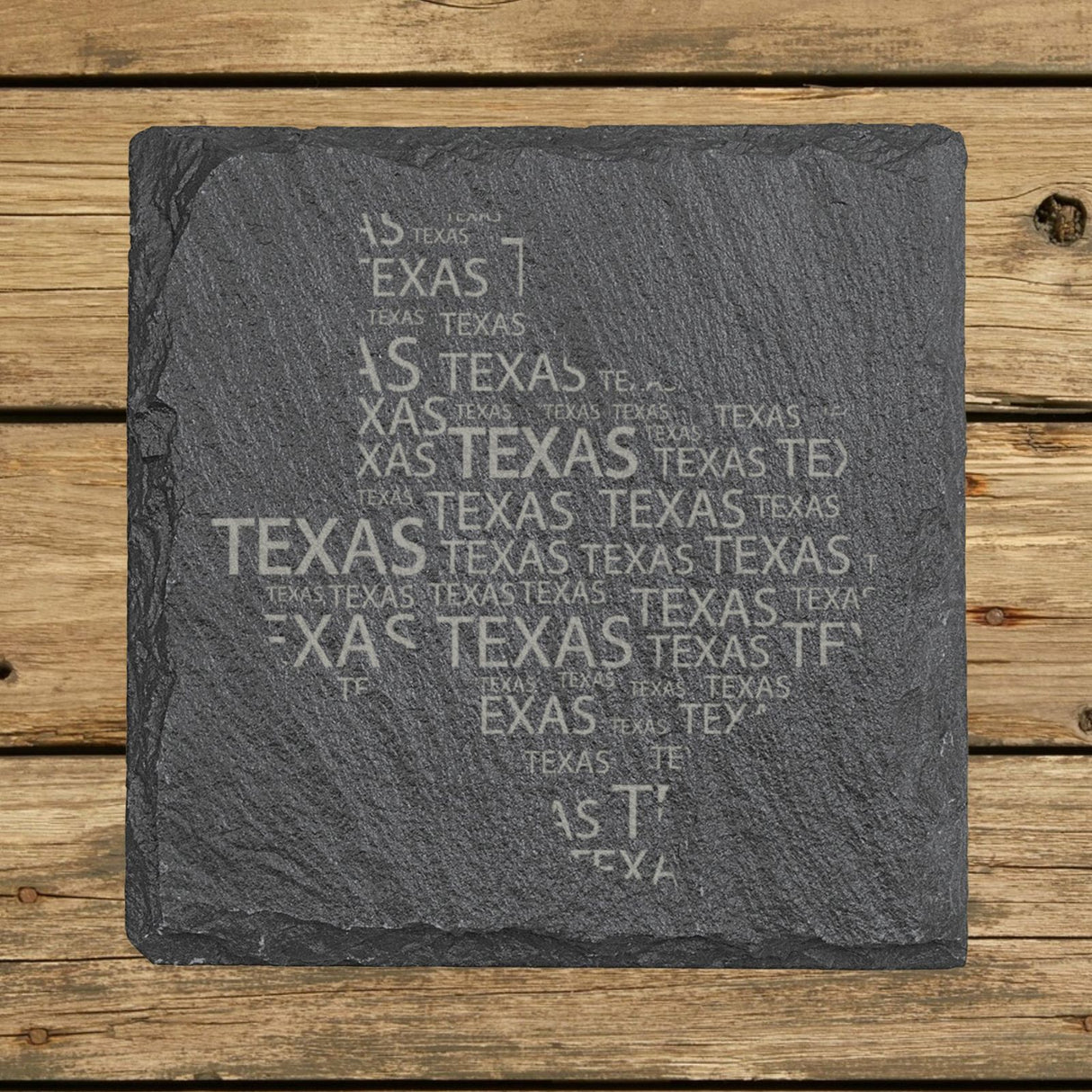 Texas square slate coaster engraved with a word cloud of repeating Texas text
