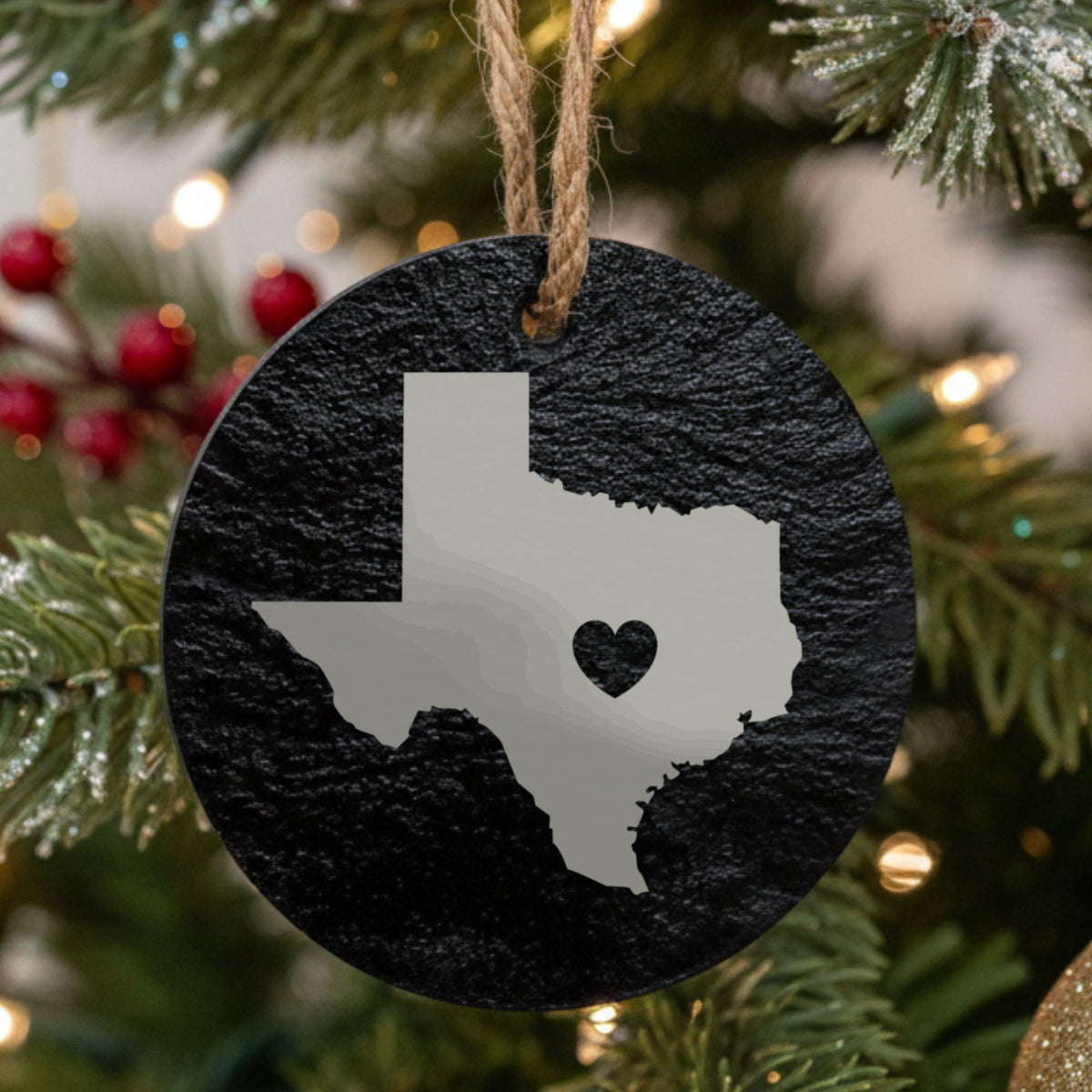 Texas round slate Christmas ornament engraved with the state shape and a heart