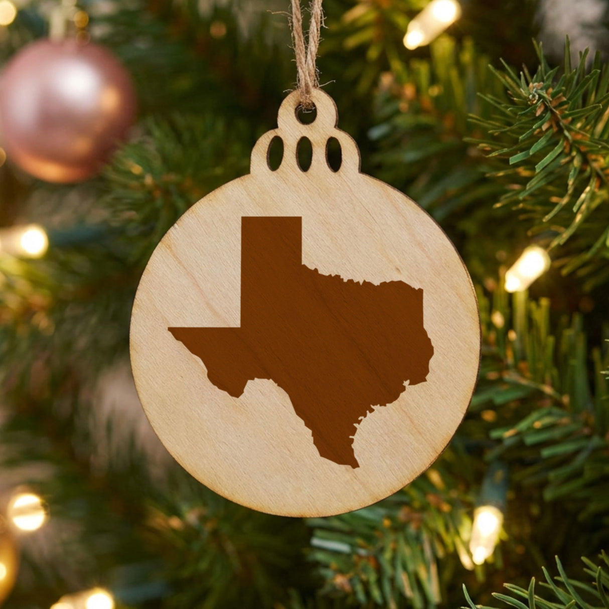Texas round wood Christmas ornament with the full state shape engraved