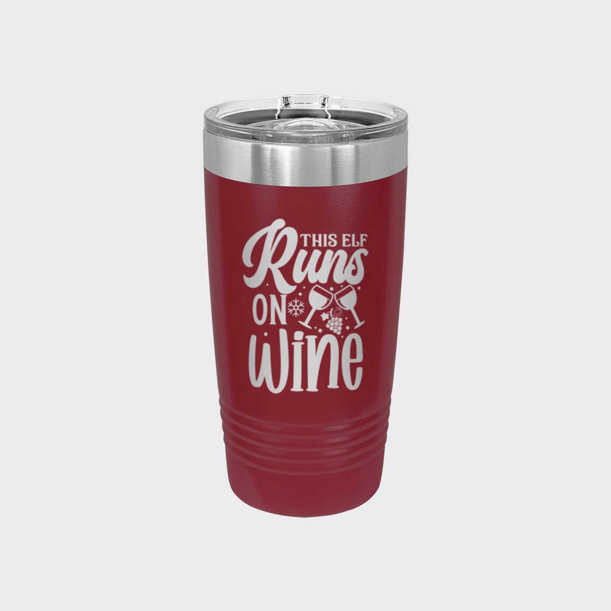 Maroon 20 oz tumbler laser engraved with "This Elf Runs on Wine"