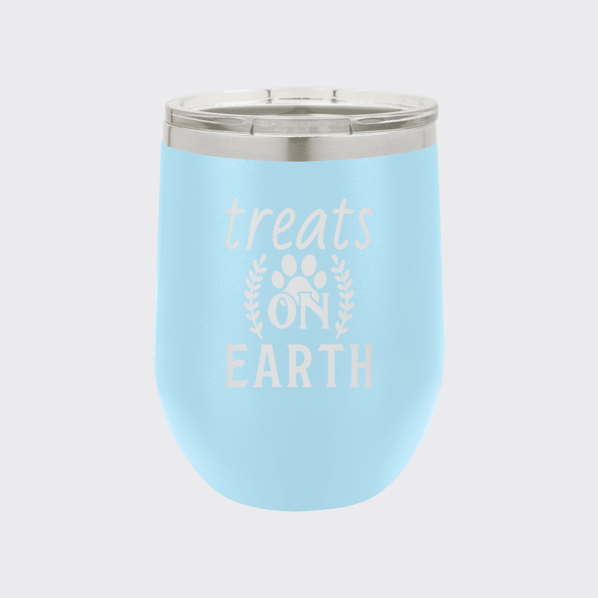 Light Blue 12 oz stemless wine tumbler laser engraved with "Treats on Earth"