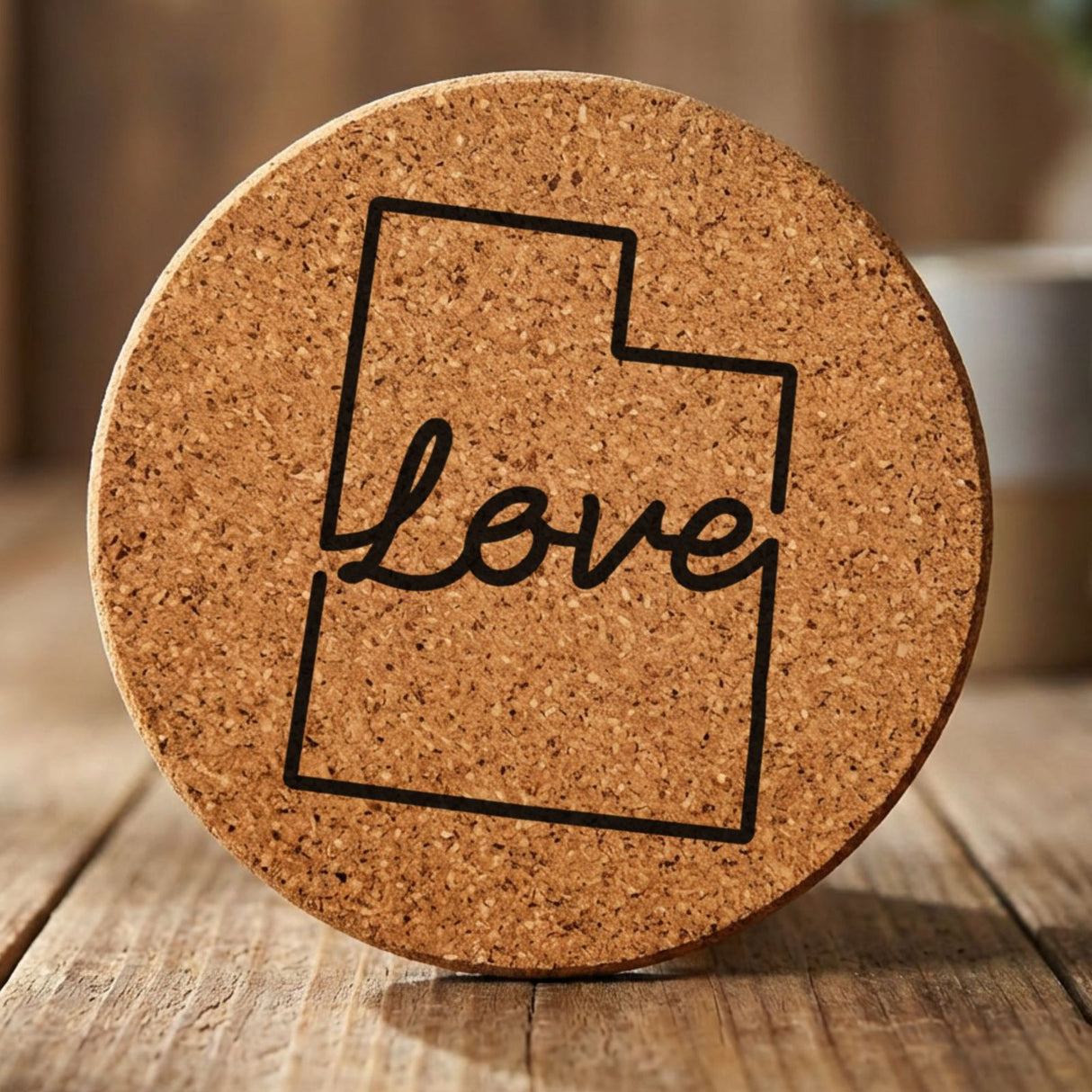 Utah round cork coaster engraved with a hand-drawn state outline and love in cursive