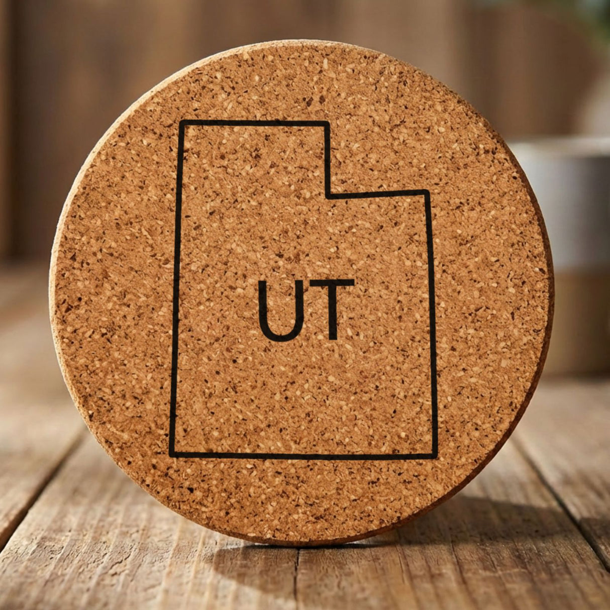 Utah round cork coaster engraved with the state outline and UT initials