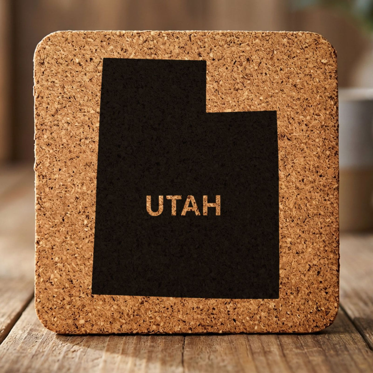 Utah square cork coaster engraved with the state shape and UTAH in bold lettering