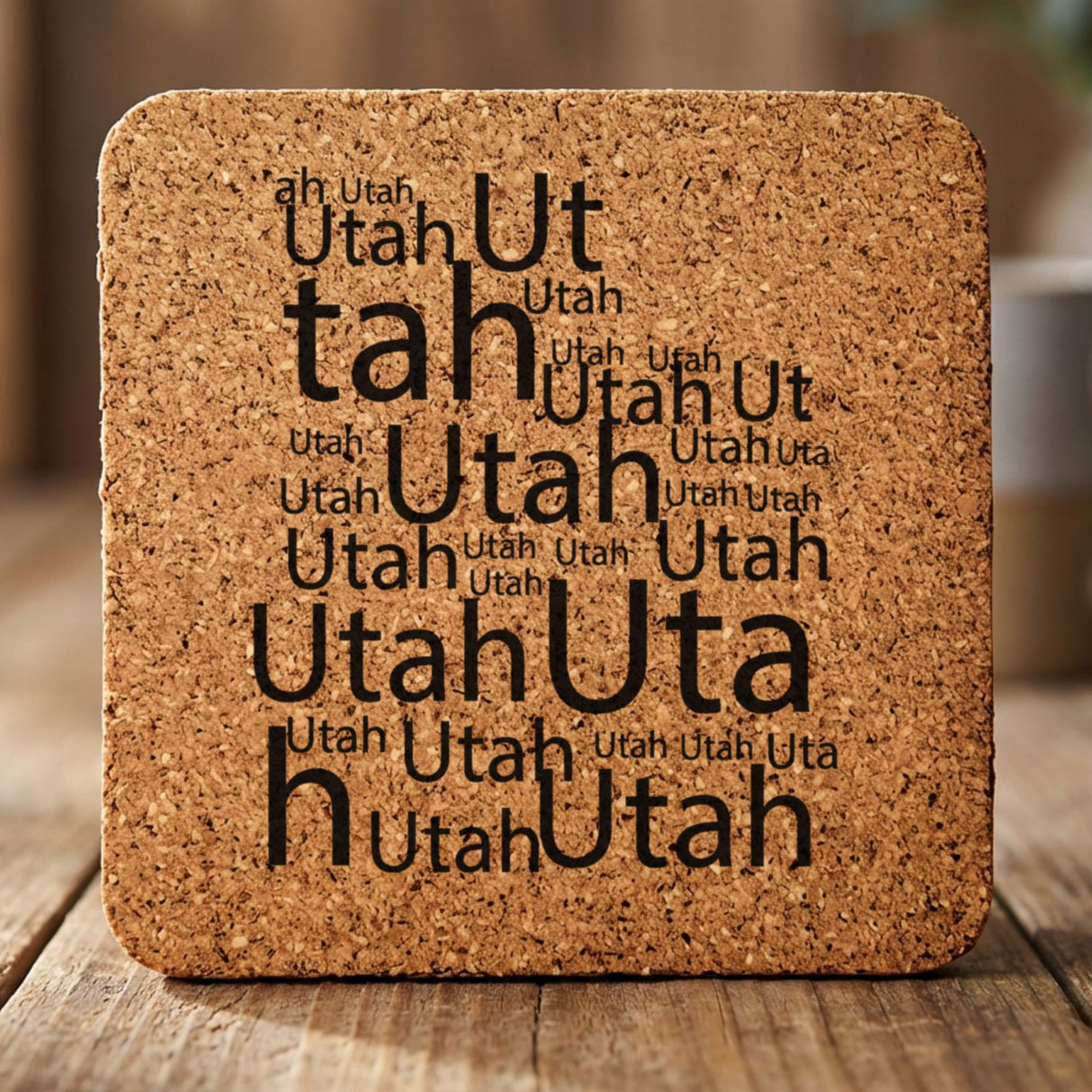 Utah square cork coaster engraved with a word cloud of repeating Utah text