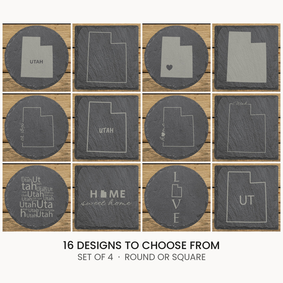 Utah slate coaster set, laser engraved natural stone
