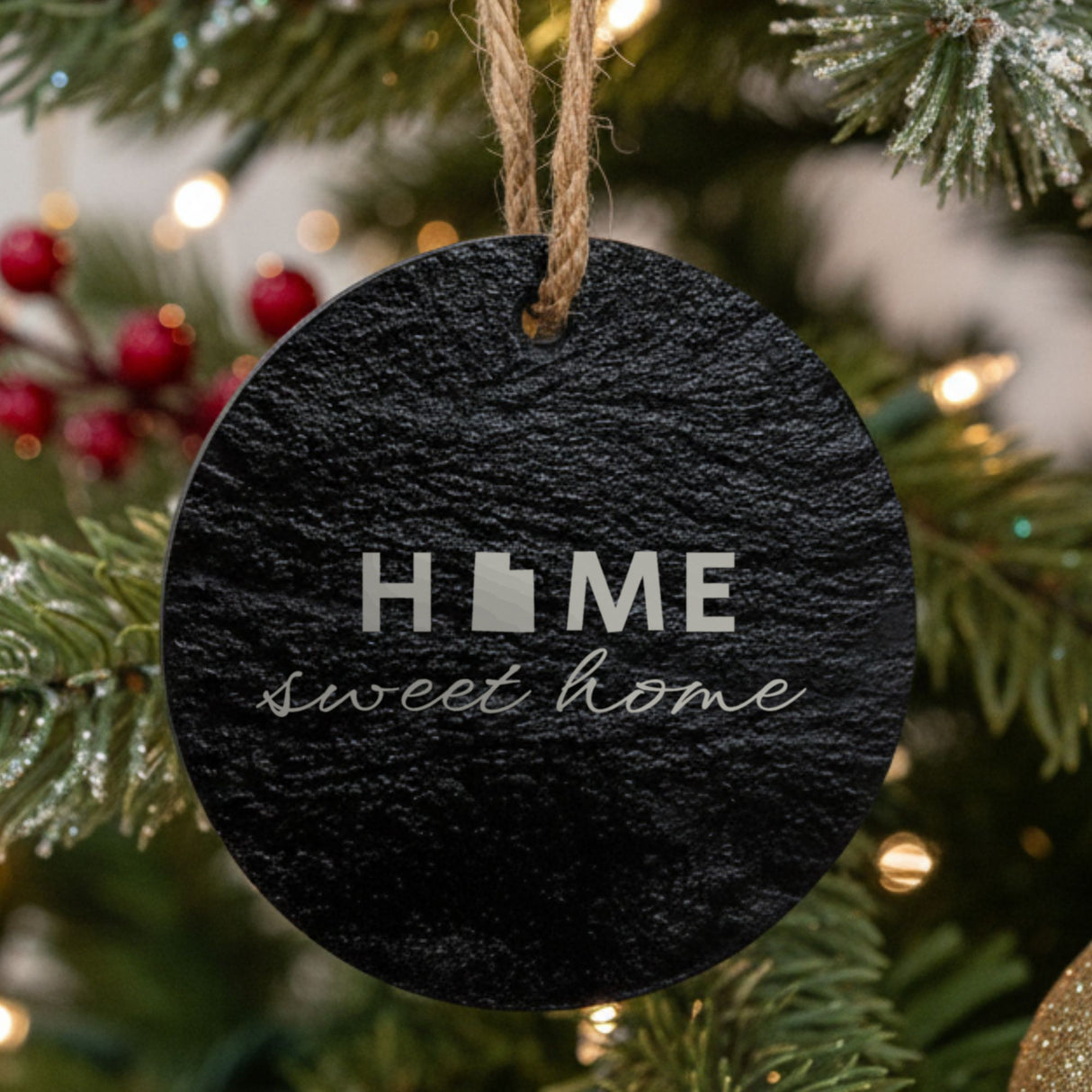 Utah round slate Christmas ornament engraved with HOME sweet home using the state shape as the letter O