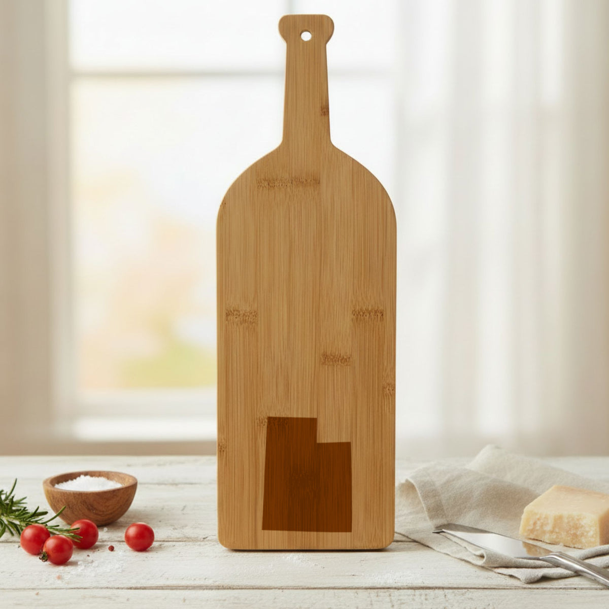 Bamboo wine bottle cutting board engraved with the Utah Engraved State design
