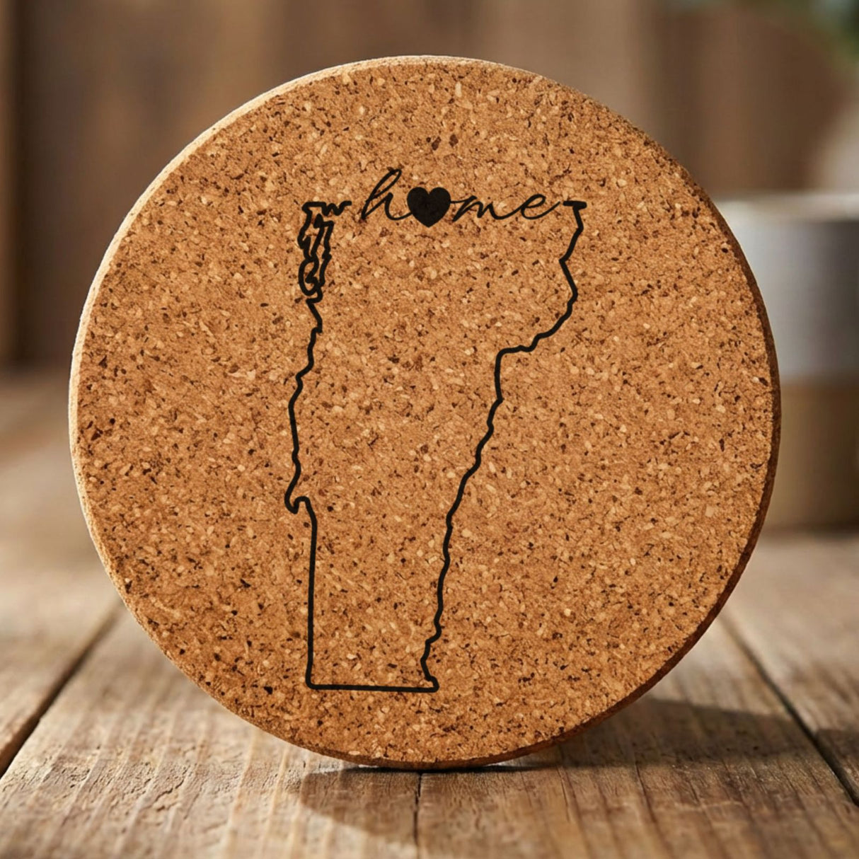 Vermont round cork coaster engraved with the state outline and home in script with a heart