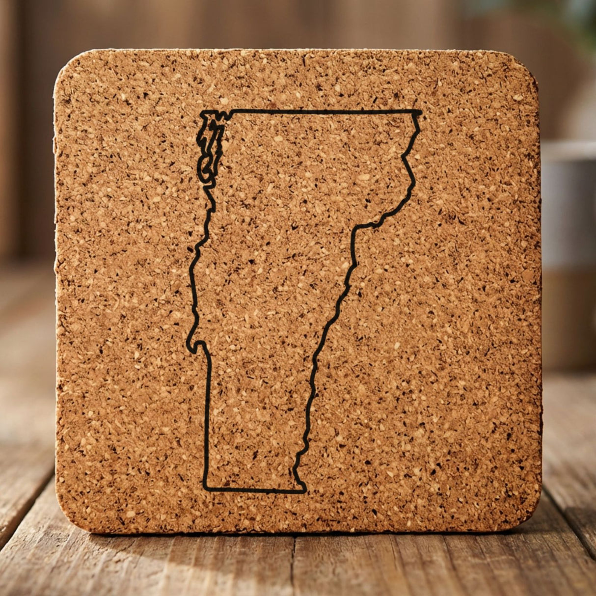 Vermont square cork coaster engraved with a clean state outline