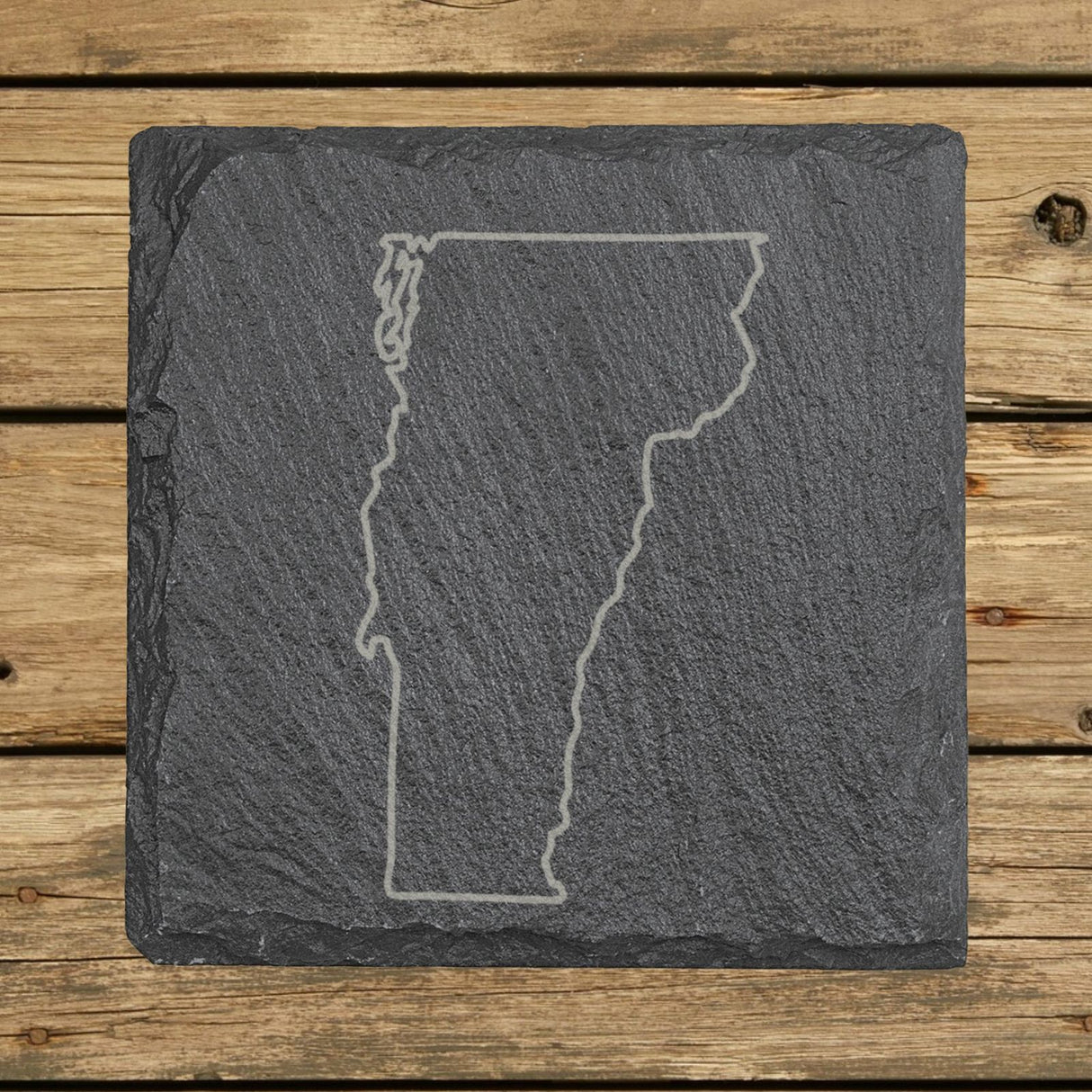 Vermont square slate coaster engraved with a clean state outline