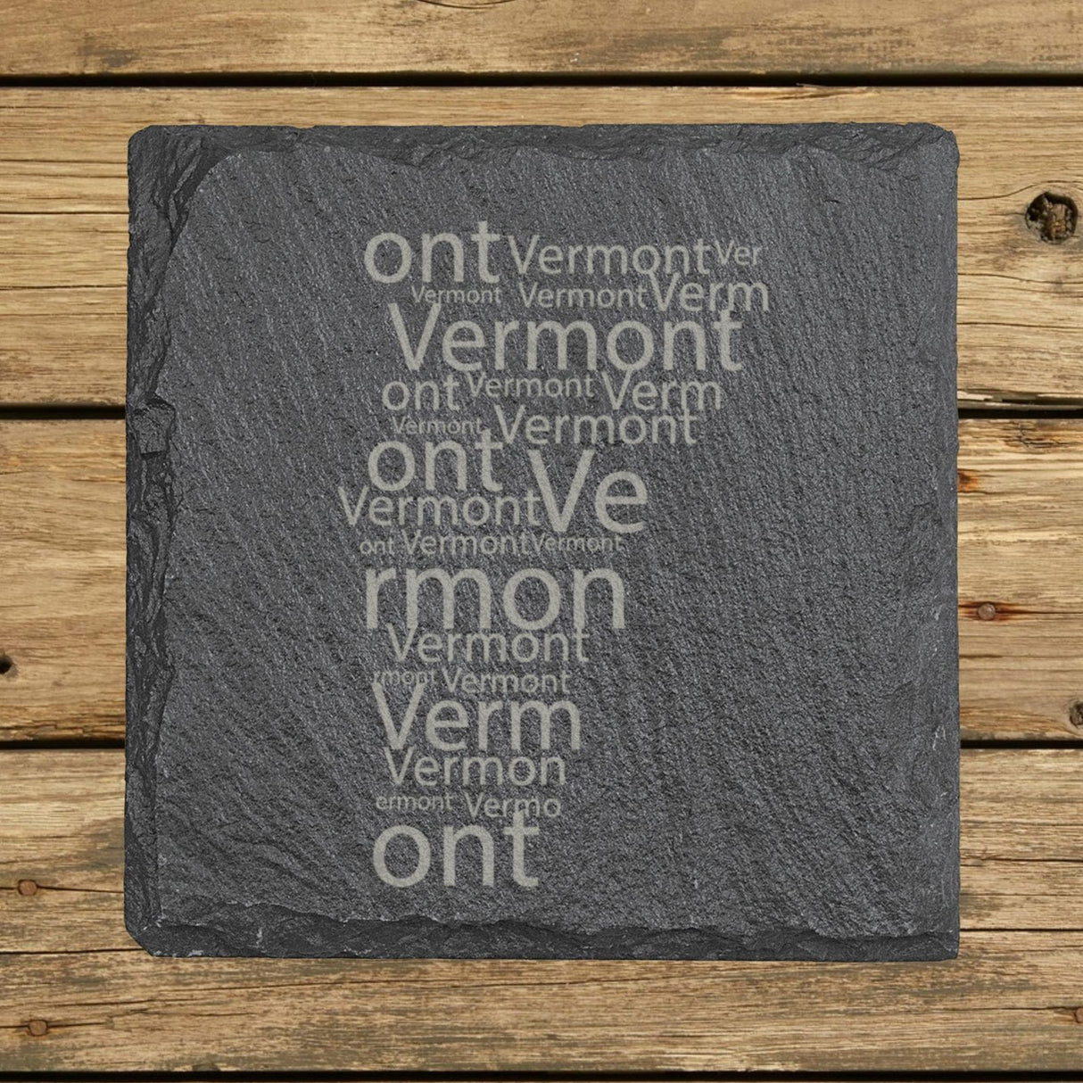 Vermont square slate coaster engraved with a word cloud of repeating Vermont text