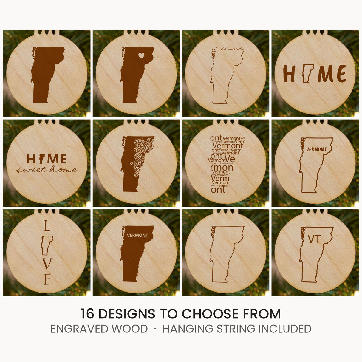 Vermont wood Christmas ornament, laser engraved natural wood