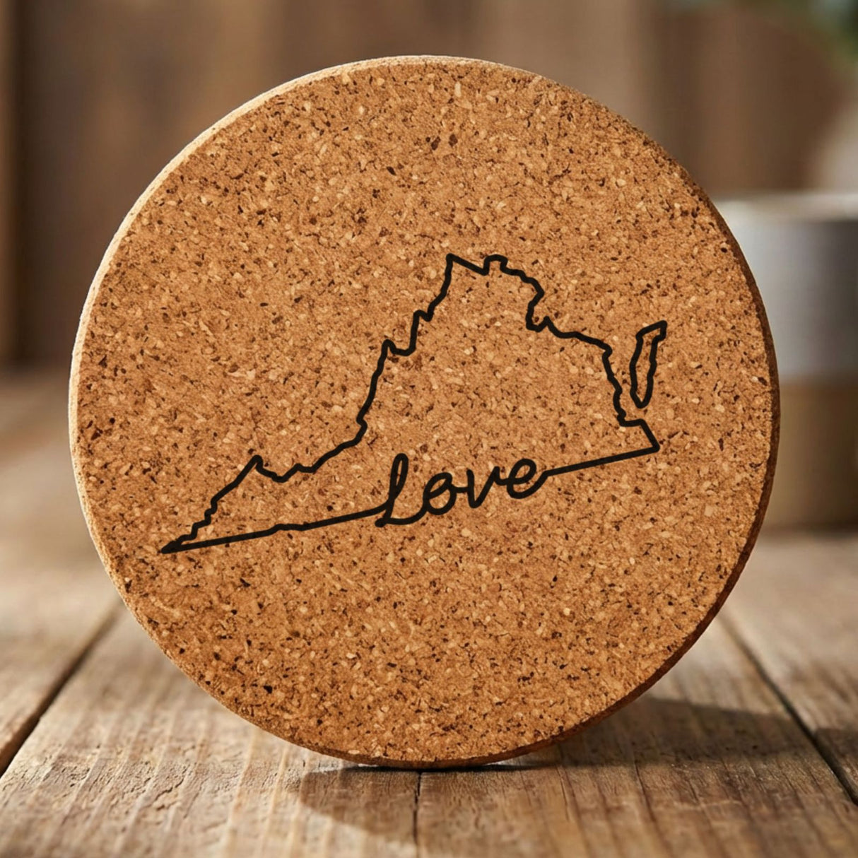 Virginia round cork coaster engraved with a hand-drawn state outline and love in cursive