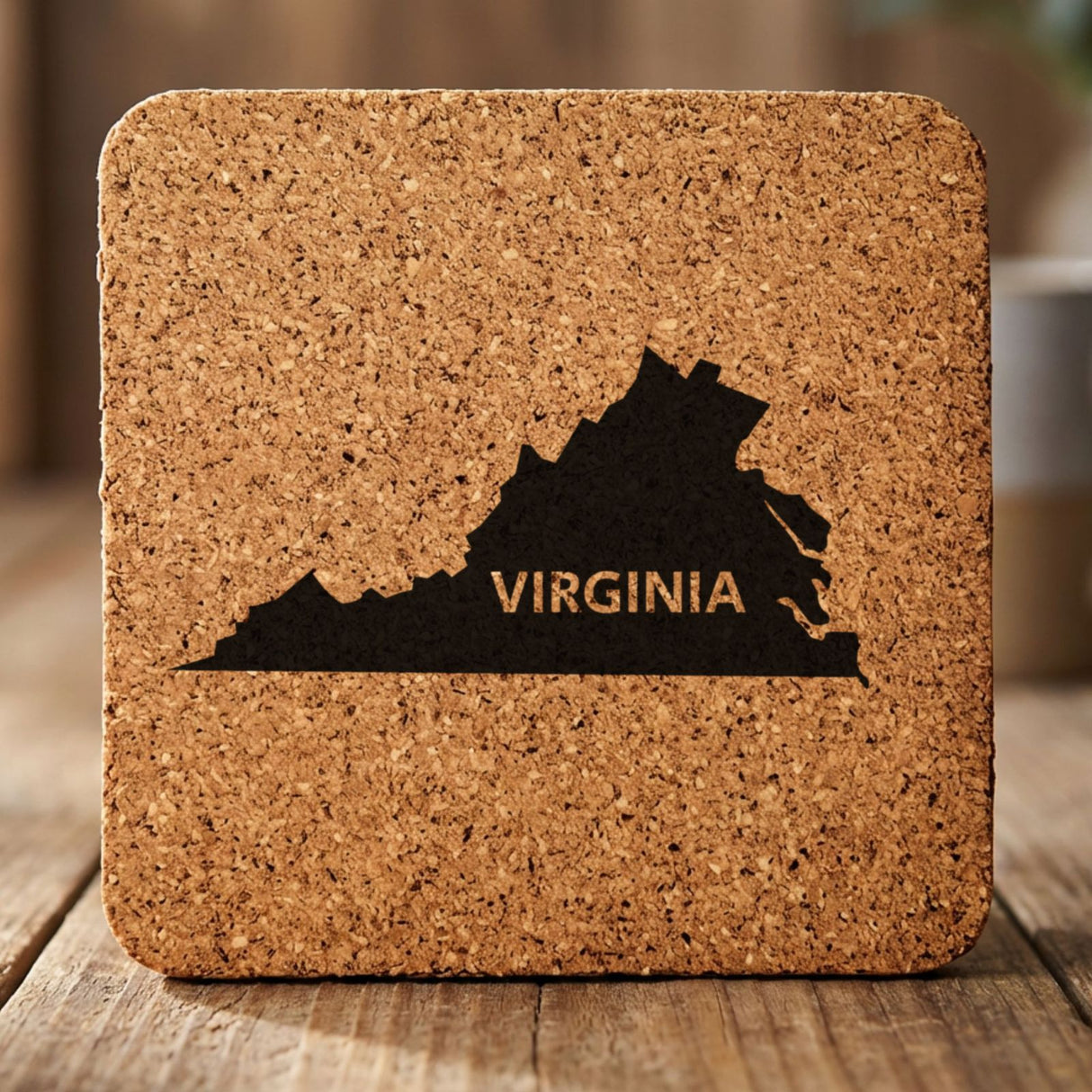 Virginia square cork coaster engraved with the state shape and VIRGINIA in bold lettering