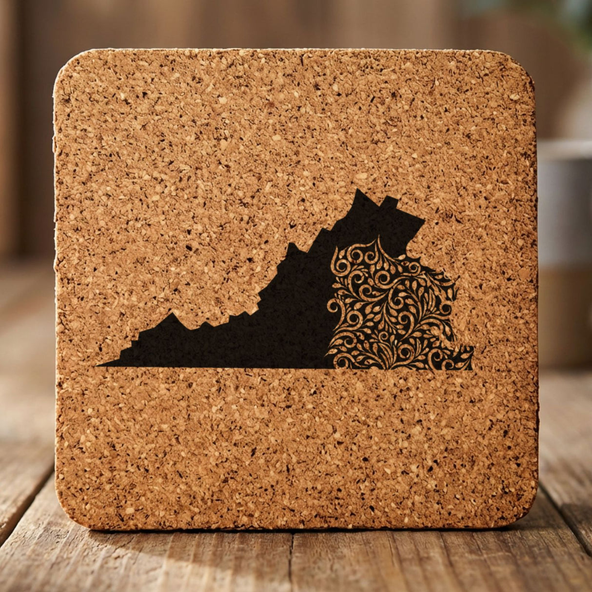 Virginia square cork coaster engraved with the state shape in ornate floral scrollwork