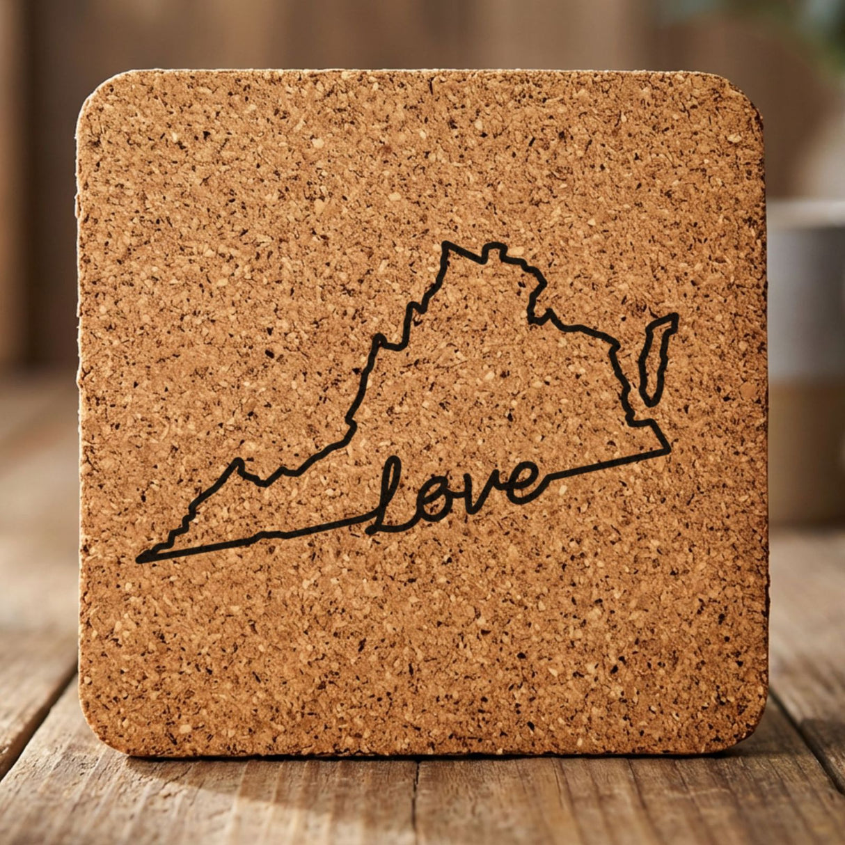 Virginia square cork coaster engraved with a hand-drawn state outline and love in cursive