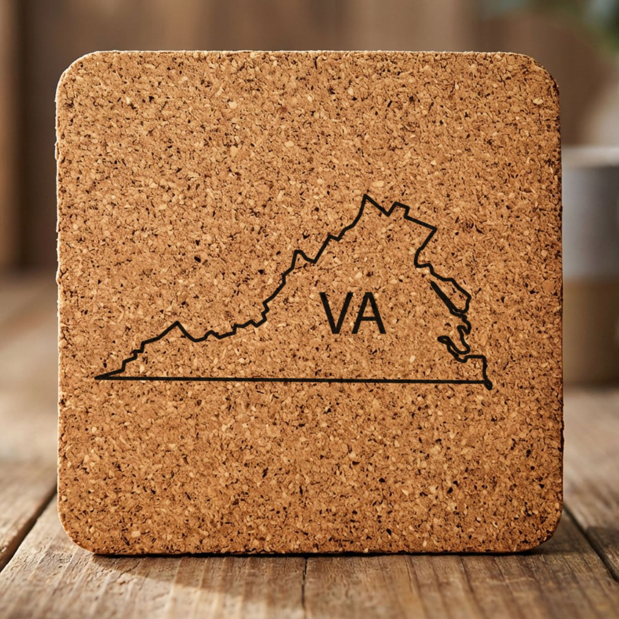 Virginia square cork coaster engraved with the state outline and VA initials