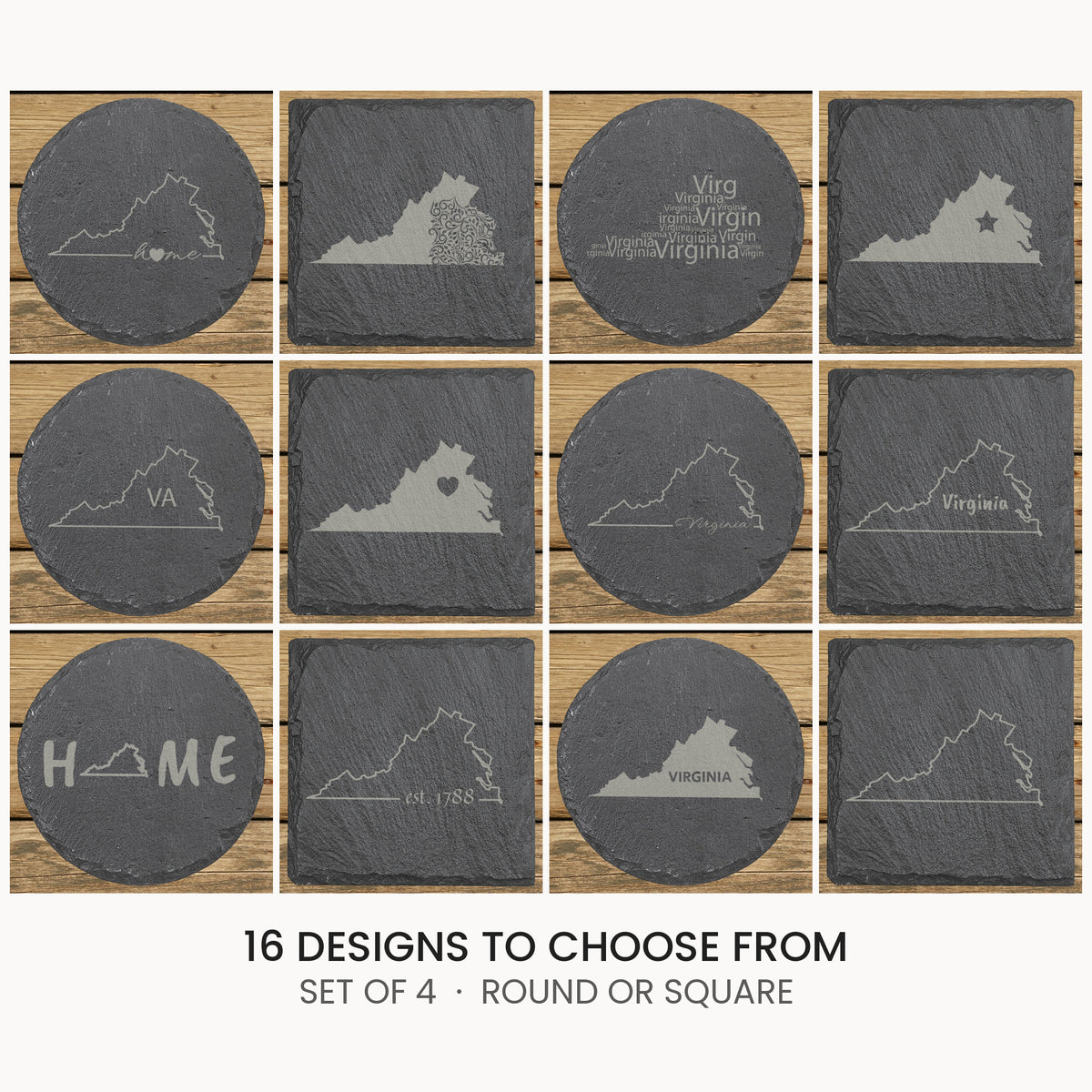 Virginia slate coaster set, laser engraved natural stone