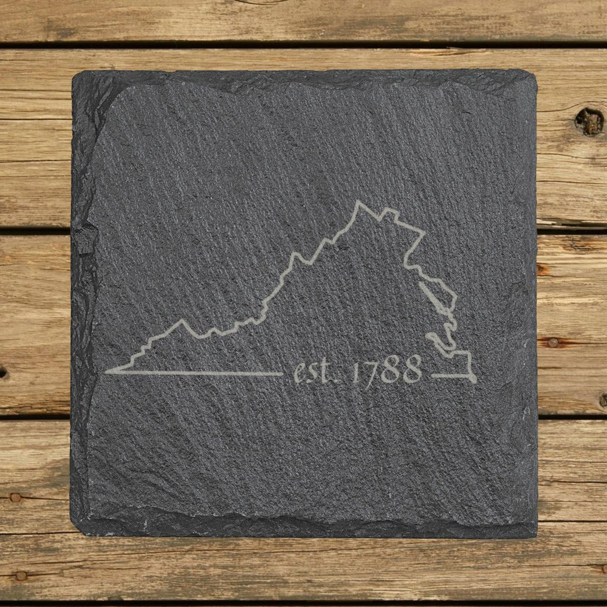 Virginia square slate coaster engraved with the state outline and est. 1788