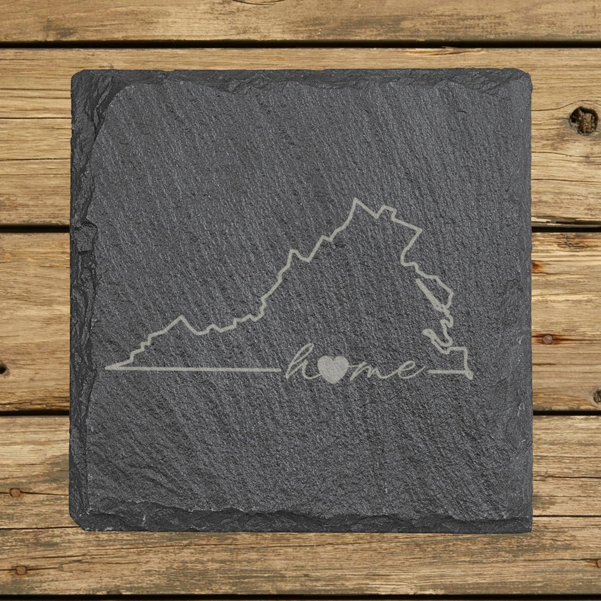 Virginia square slate coaster engraved with the state outline and home in script with a heart