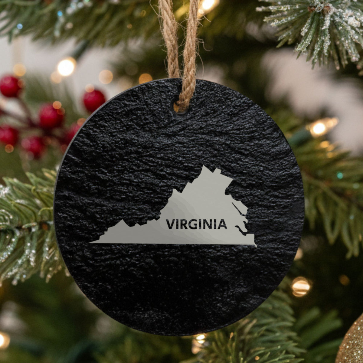 Virginia round slate Christmas ornament engraved with the state shape and VIRGINIA in bold lettering