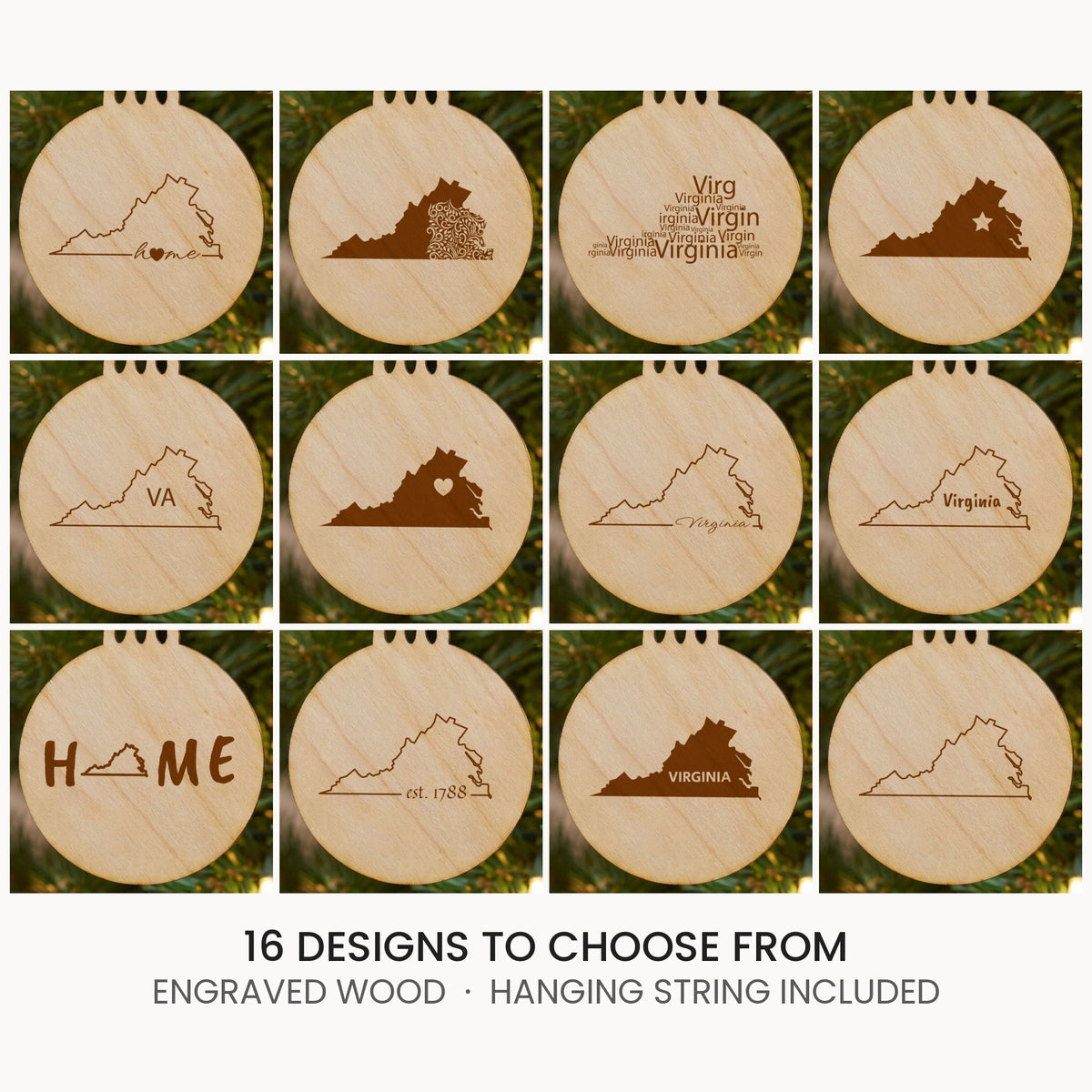 Virginia wood Christmas ornament, laser engraved natural wood