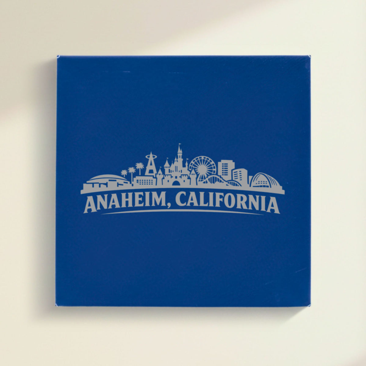 Close up of the Anaheim, California skyline engraved on Blue leatherette
