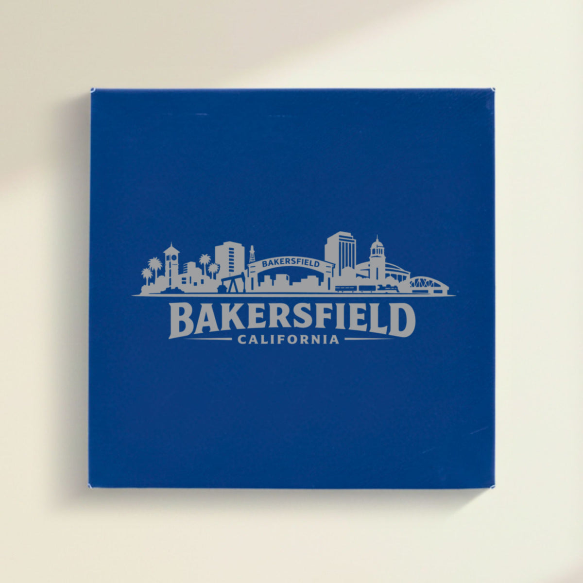 Close up of the Bakersfield, California skyline engraved on Blue leatherette