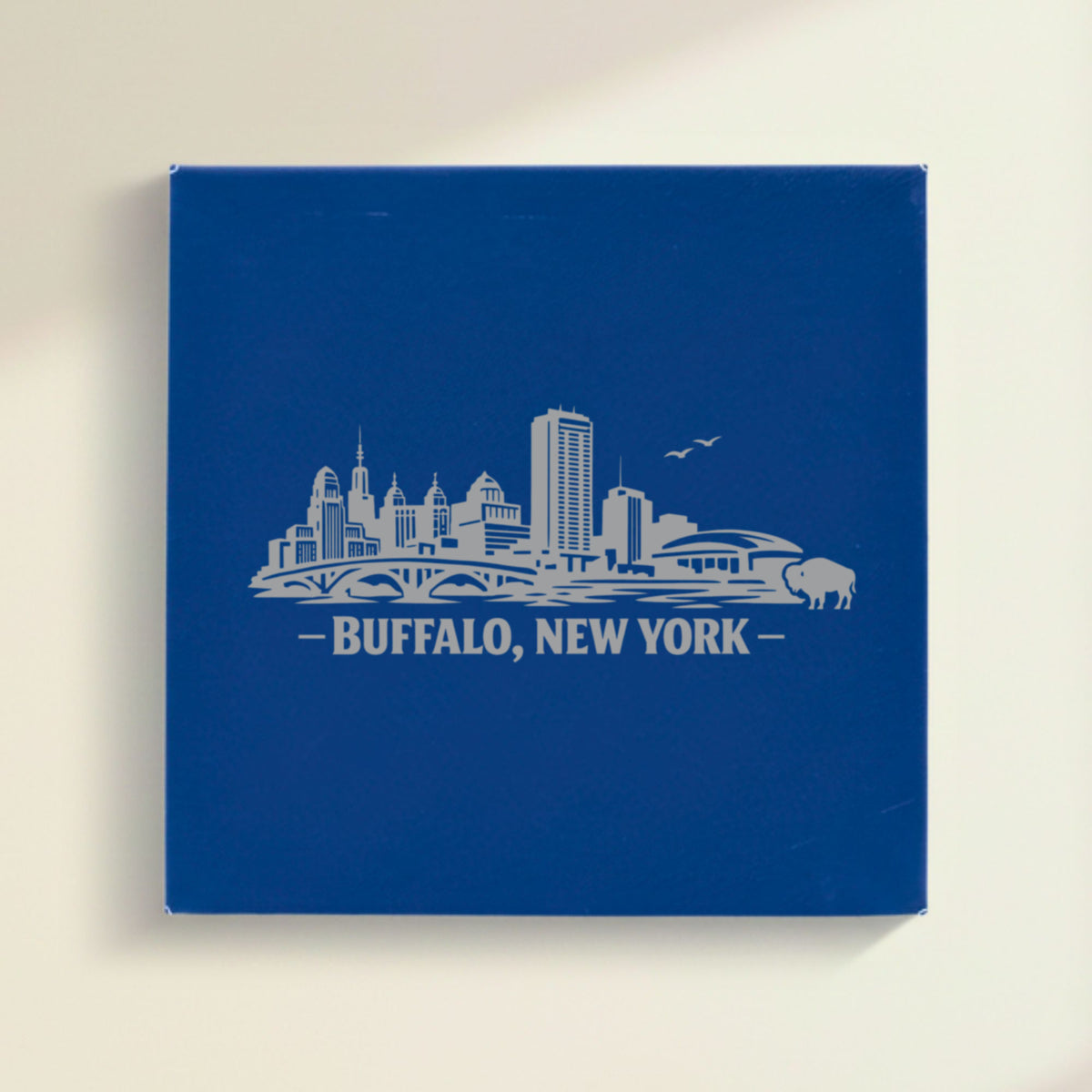 Close up of the Buffalo, New York skyline engraved on Blue leatherette
