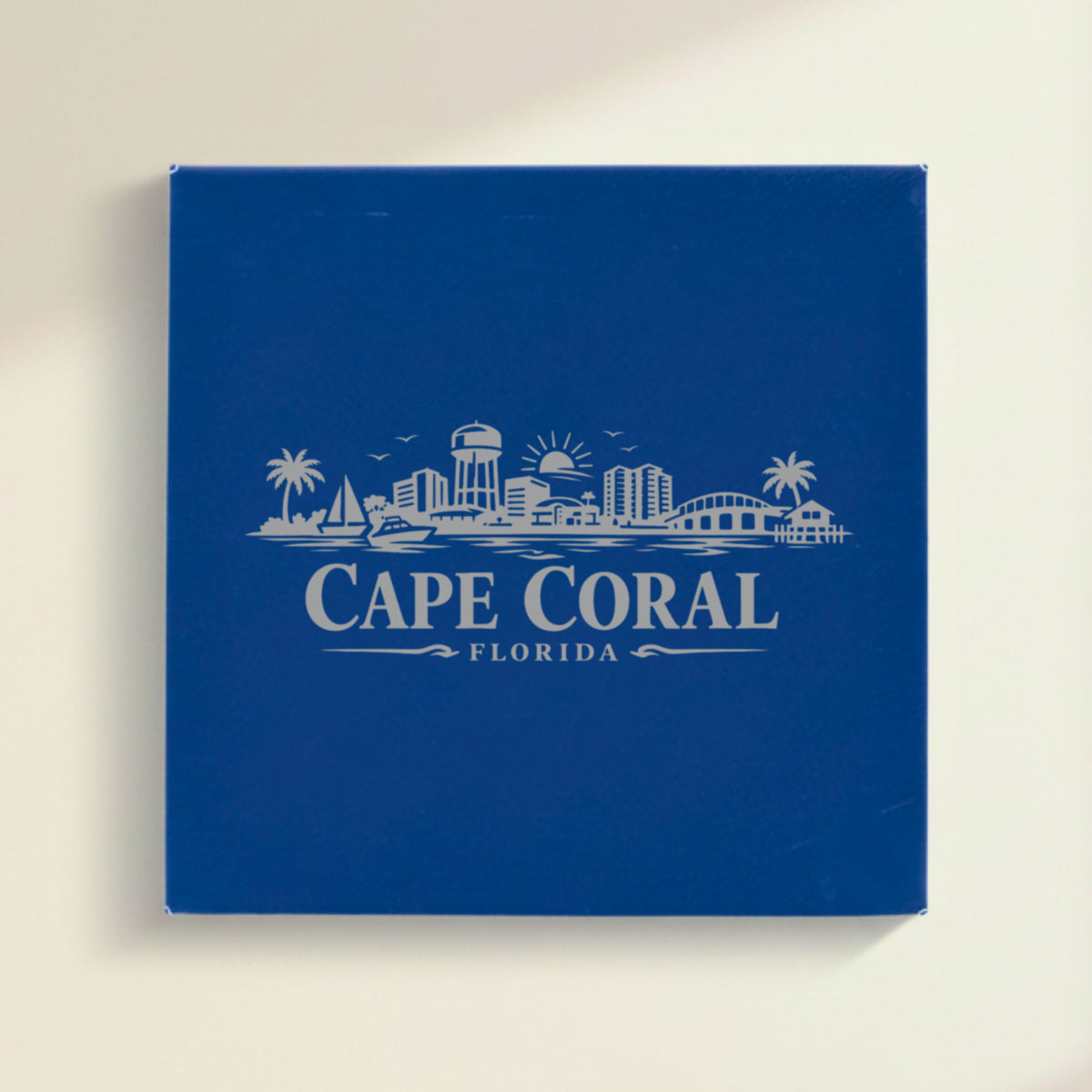 Close up of the Cape Coral, Florida skyline engraved on Blue leatherette