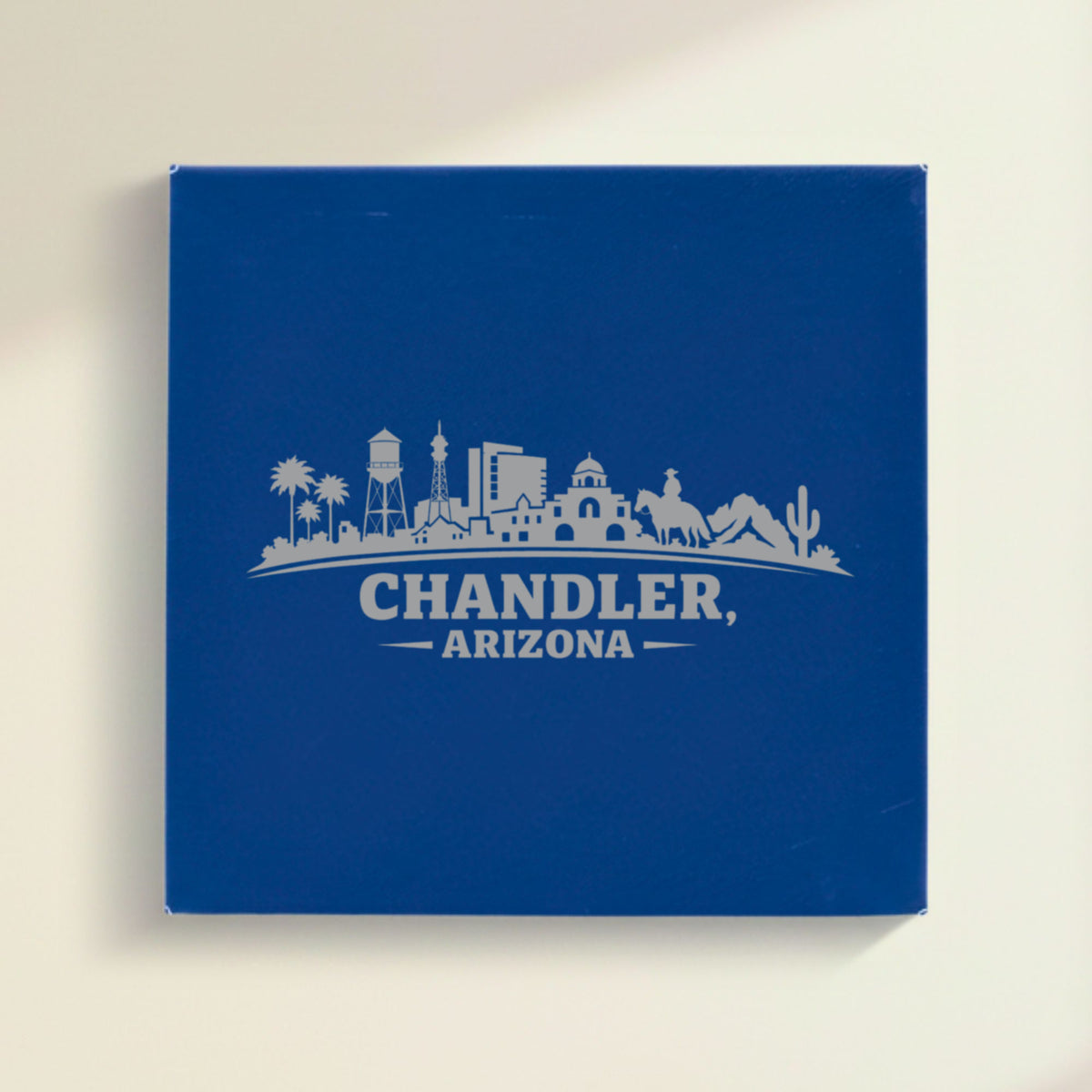 Close up of the Chandler, Arizona skyline engraved on Blue leatherette
