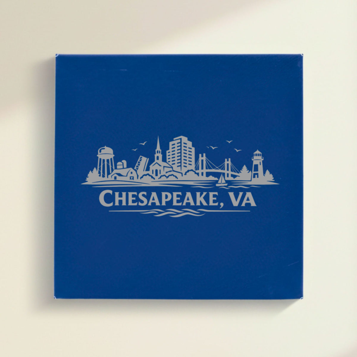 Close up of the Chesapeake, Virginia skyline engraved on Blue leatherette