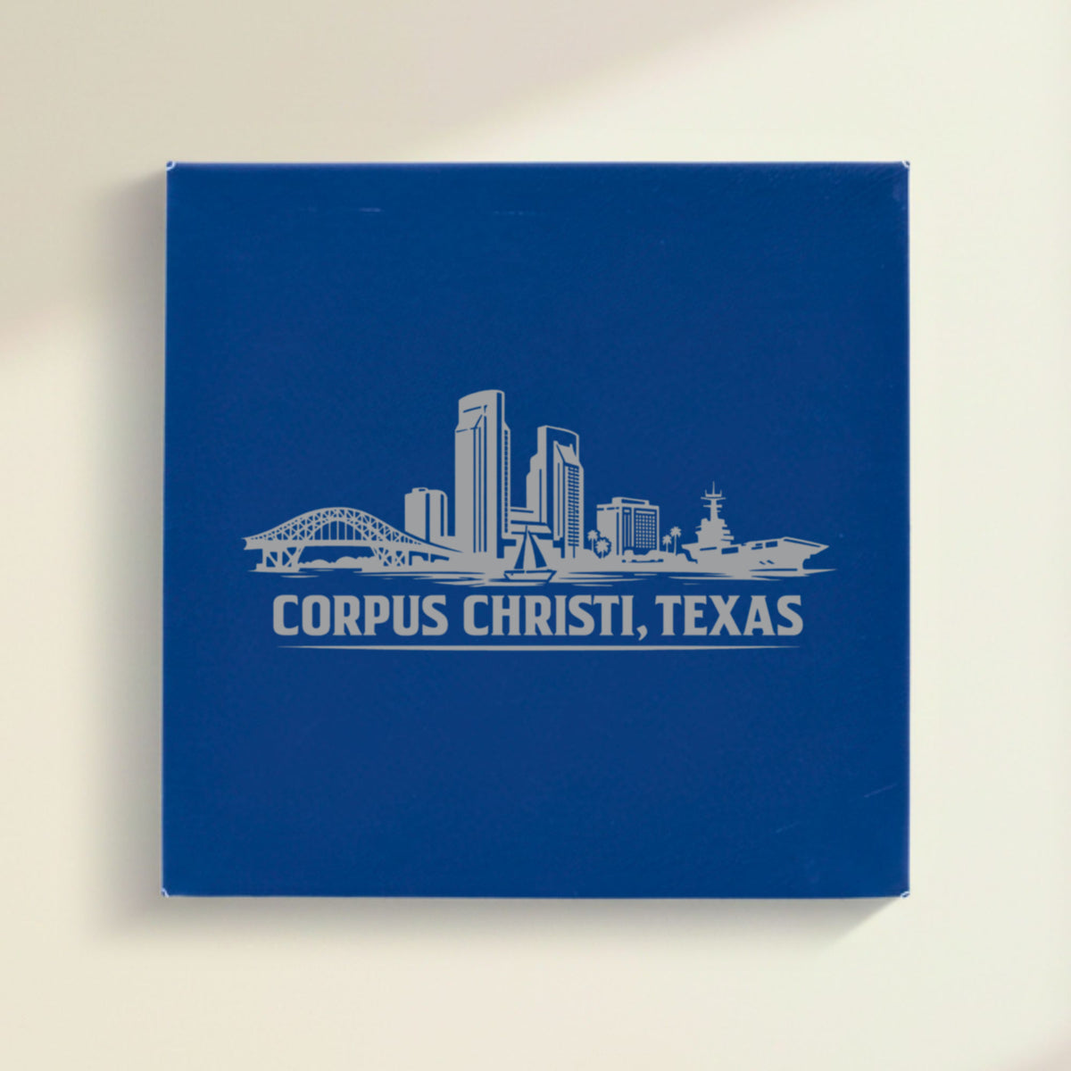 Close up of the Corpus Christi, Texas skyline engraved on Blue leatherette