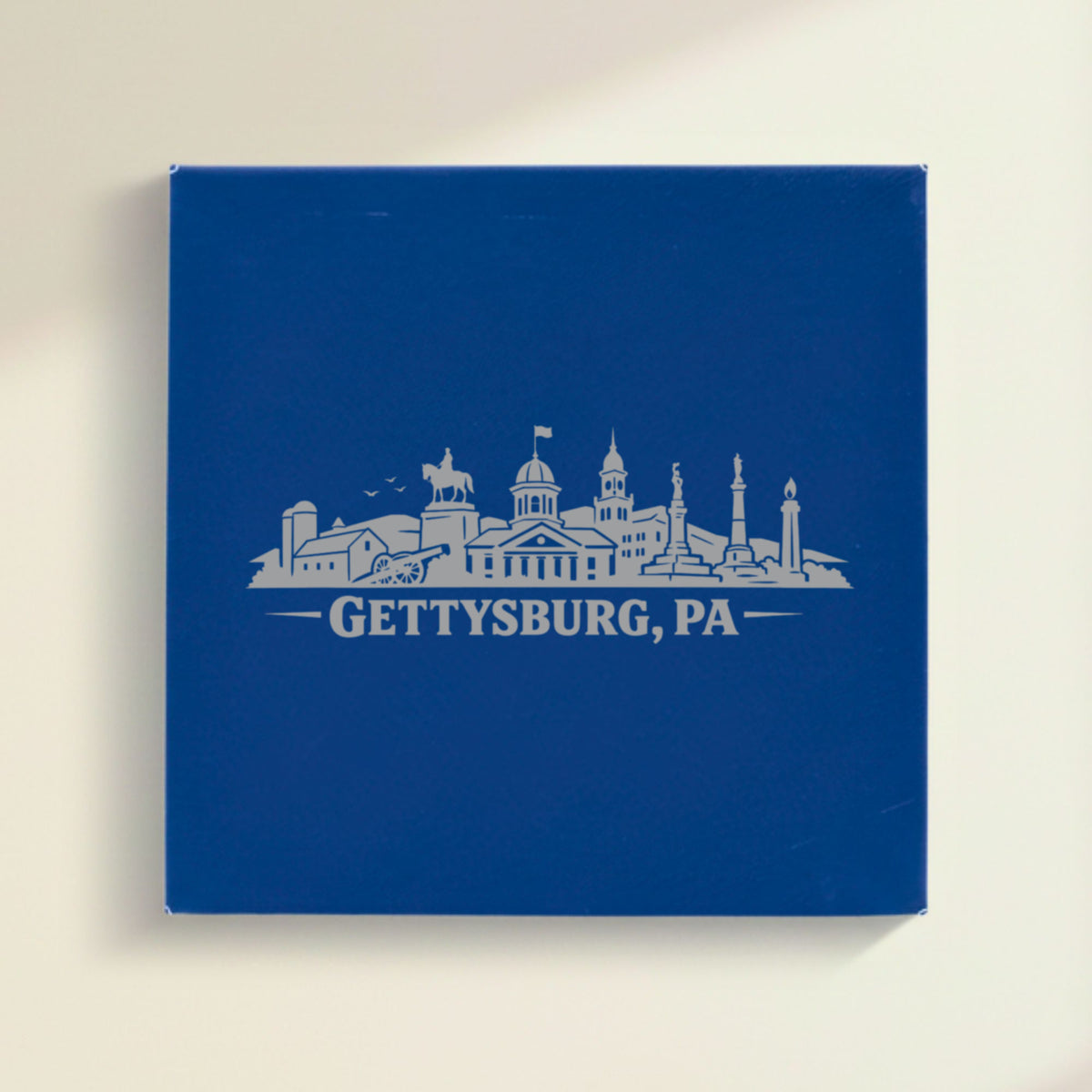 Close up of the Gettysburg, Pennsylvania skyline engraved on Blue leatherette