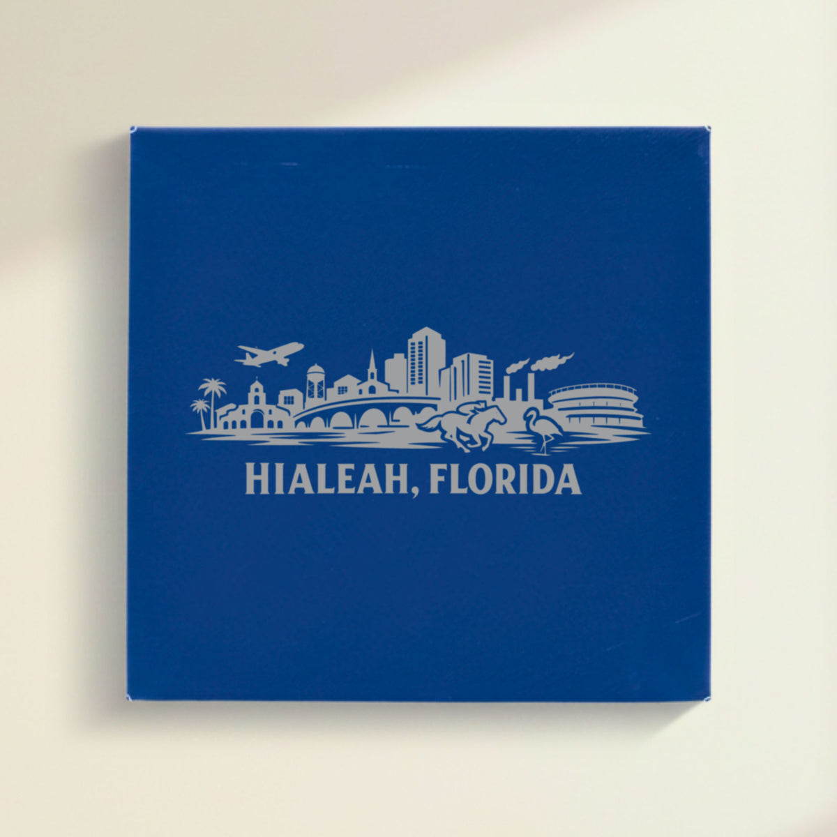 Close up of the Hialeah, Florida skyline engraved on Blue leatherette