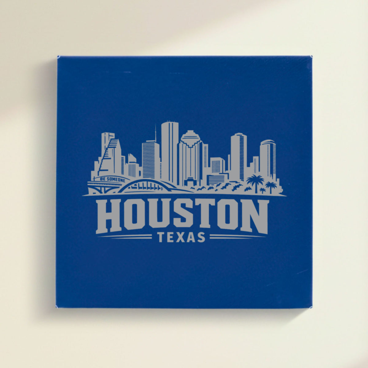 Close up of the Houston, Texas skyline engraved on Blue leatherette