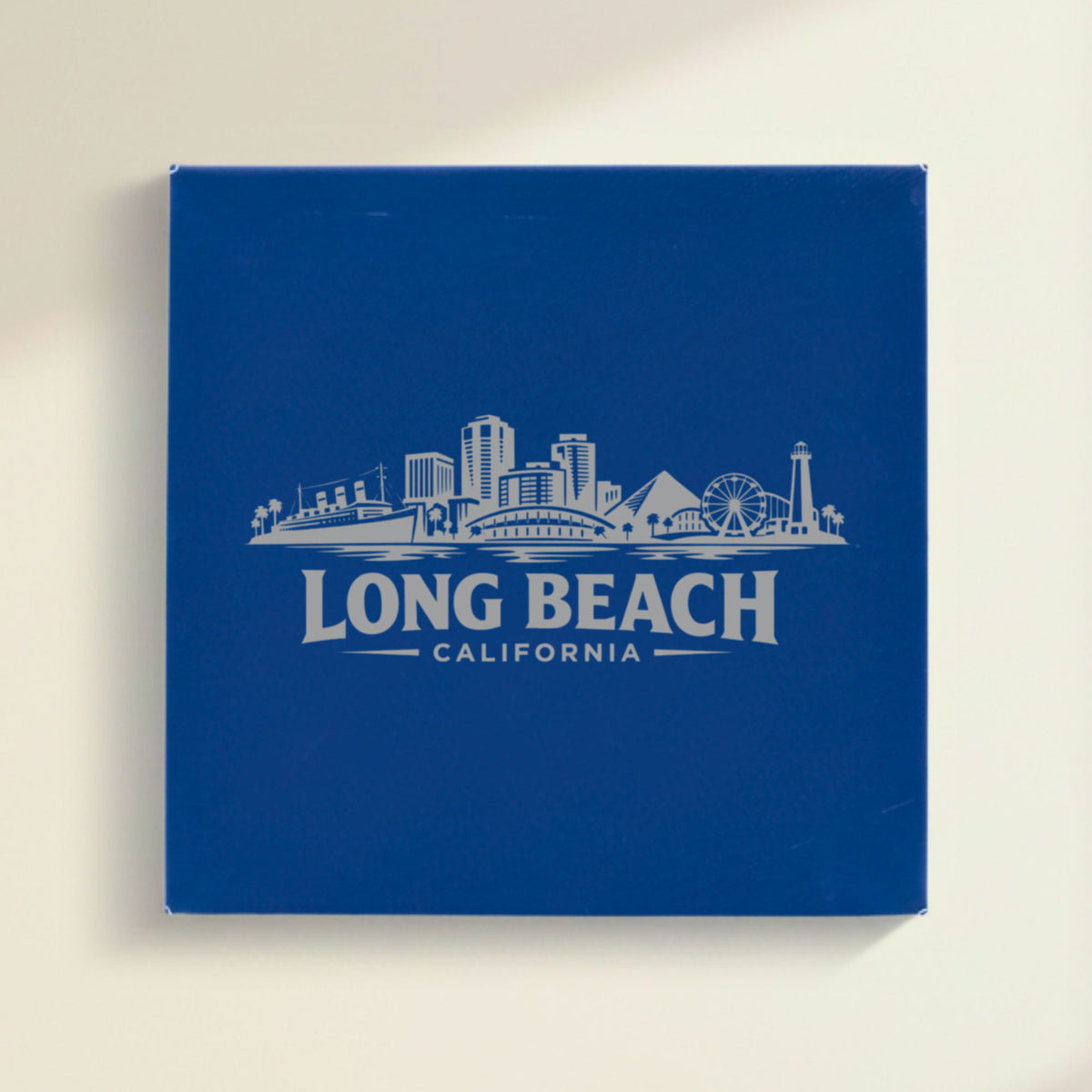 Close up of the Long Beach, California skyline engraved on Blue leatherette