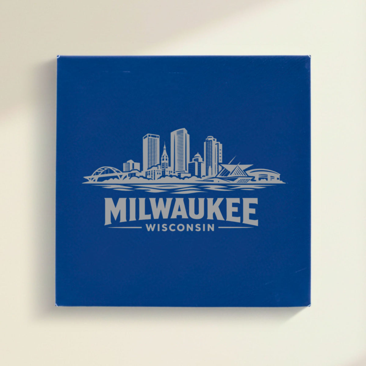 Close up of the Milwaukee, Wisconsin skyline engraved on Blue leatherette