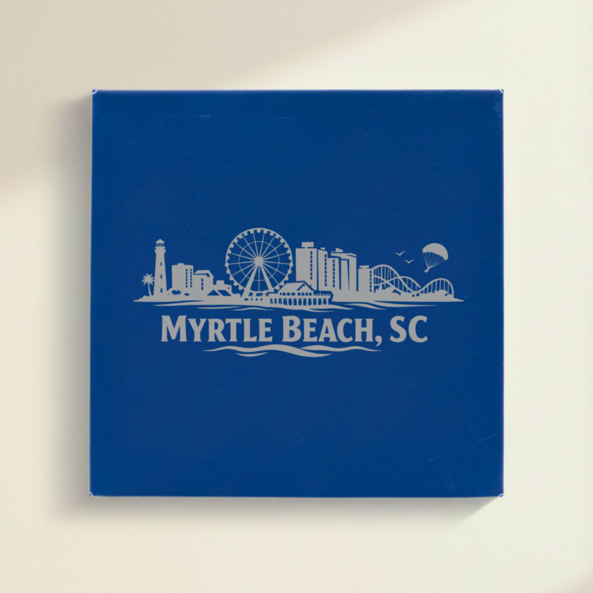 Close up of the Myrtle Beach, South Carolina skyline engraved on Blue leatherette