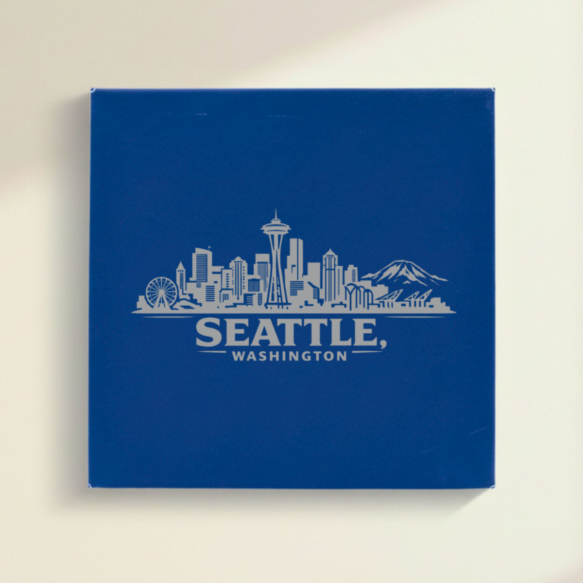 Close up of the Seattle, Washington skyline engraved on Blue leatherette