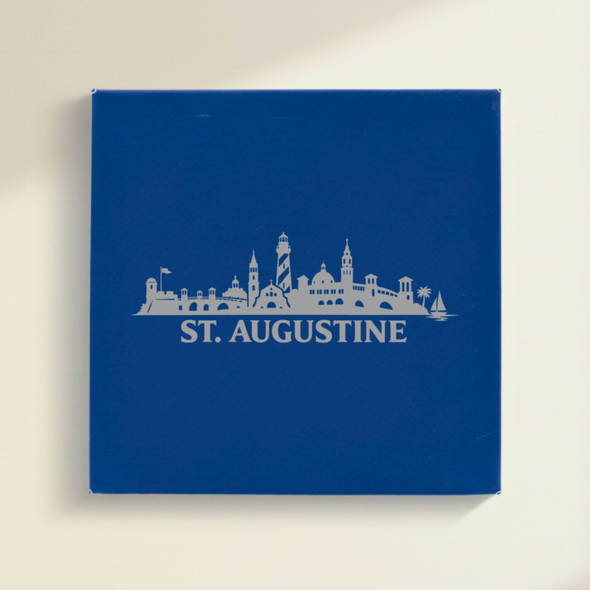 Close up of the St. Augustine, Florida skyline engraved on Blue leatherette