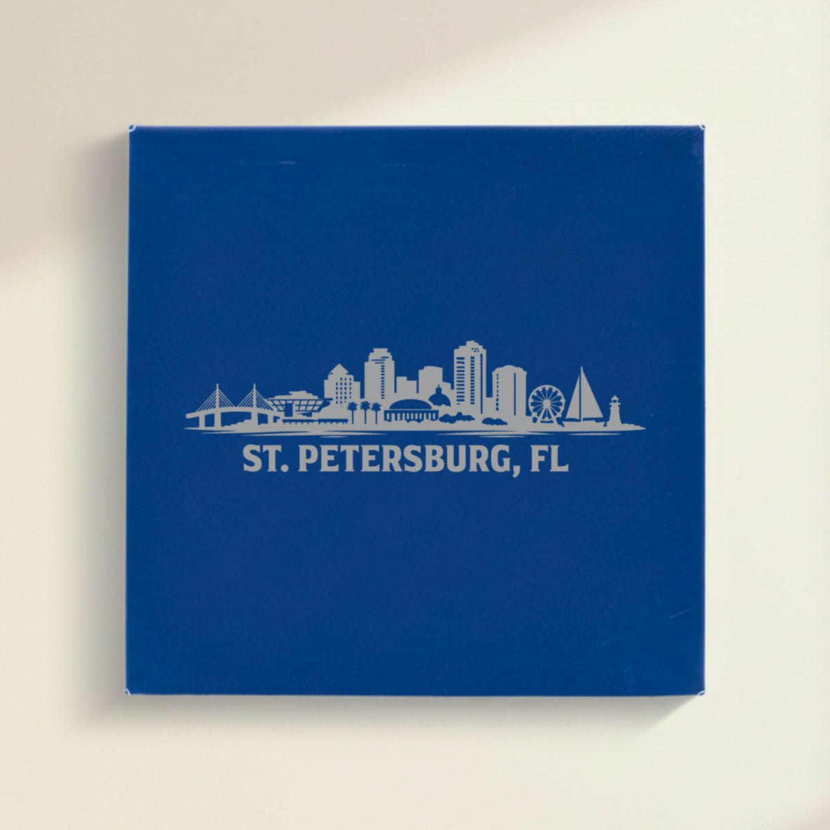Close up of the St. Petersburg, Florida skyline engraved on Blue leatherette