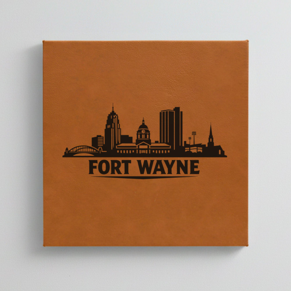 Close up of the Fort Wayne, Indiana skyline engraved on Brown leatherette
