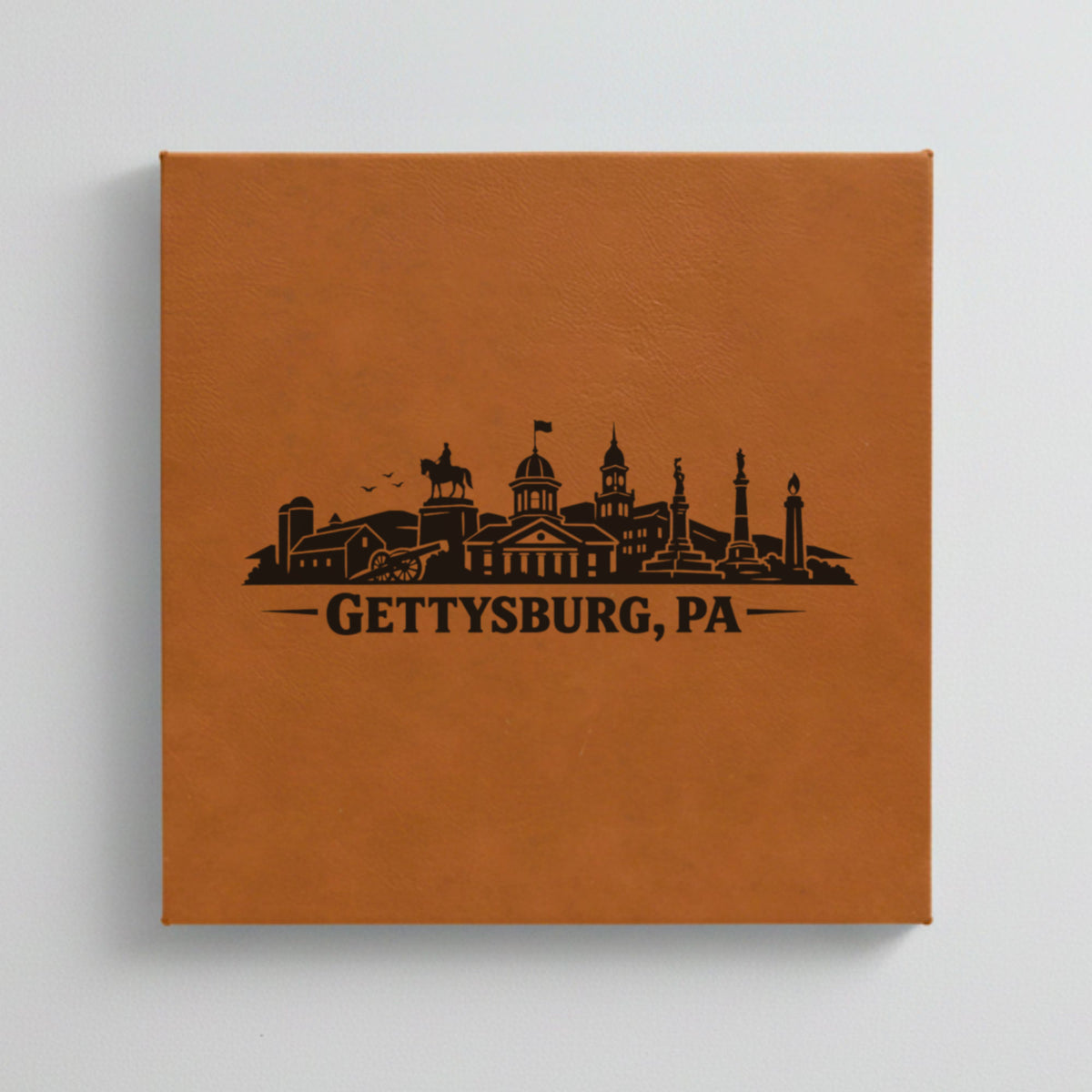 Close up of the Gettysburg, Pennsylvania skyline engraved on Brown leatherette
